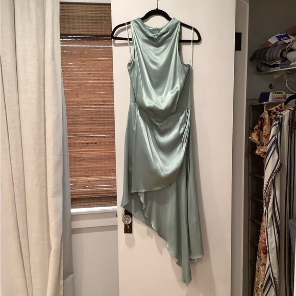 Elliatt Satin Asymmetrical Midi Dress in Sage - Picture 2 of 4